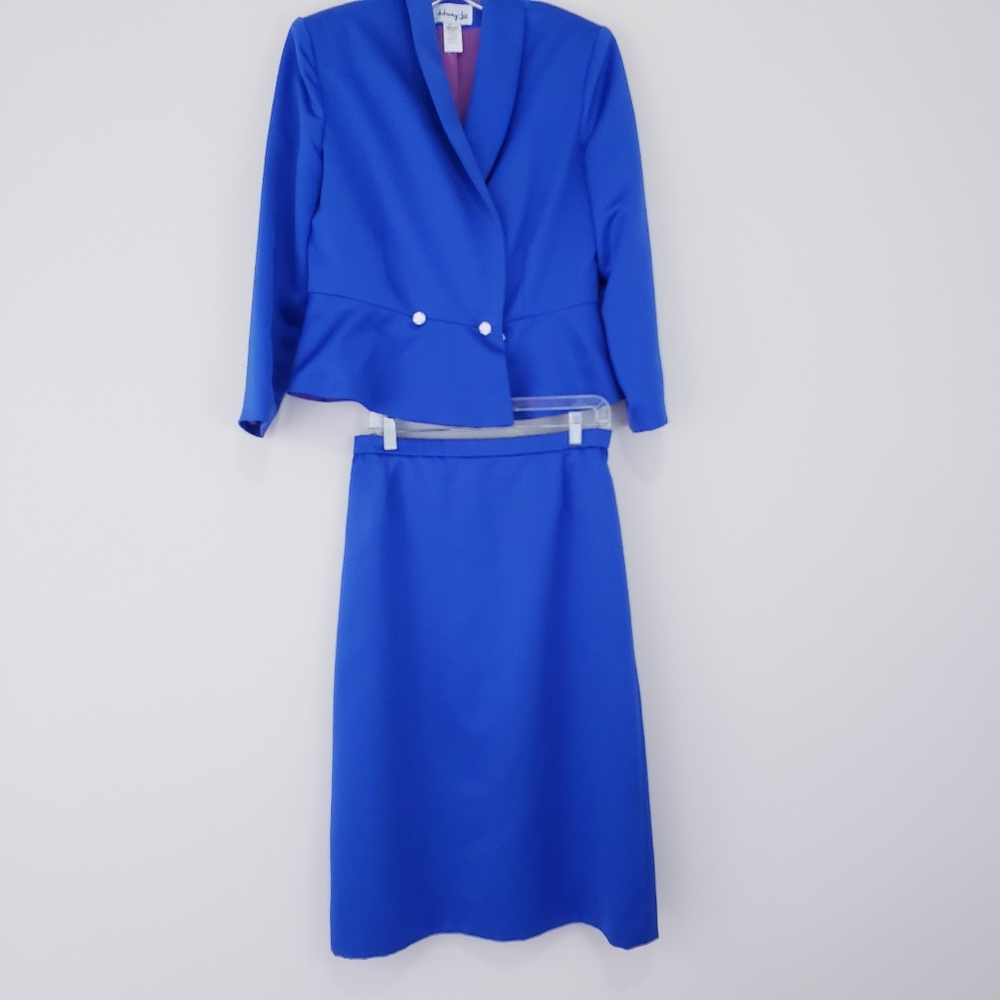 Vintage Henry Lee 80s 90s Royal Blue Skirt Suit Fancy Satin Special Occasion 12